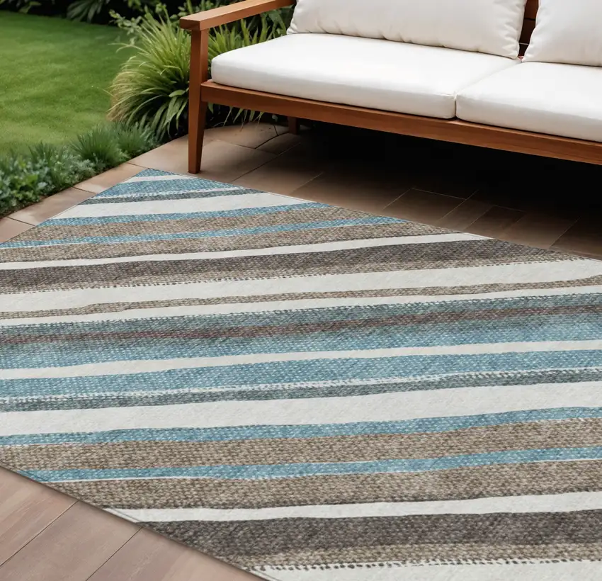 Taupe Ivory And Blue Striped Washable Indoor Outdoor Area Rug Photo 1