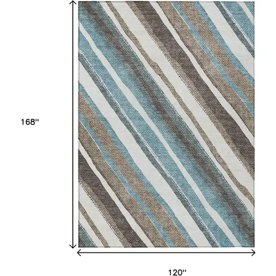 Taupe Ivory And Blue Striped Washable Indoor Outdoor Area Rug Photo 3