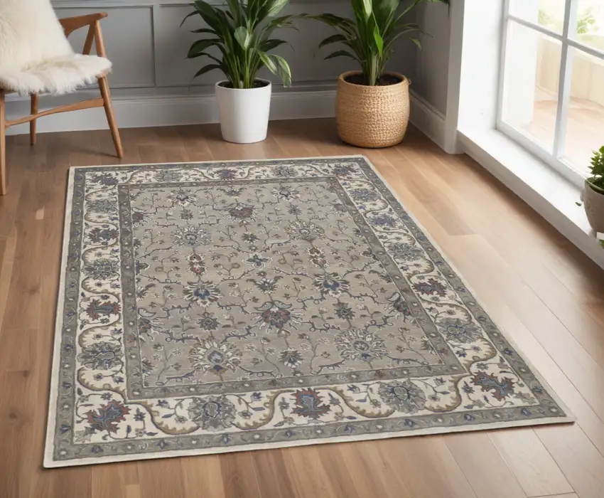 Ivory and Blue Wool Floral Hand Tufted Area Rug Photo 1
