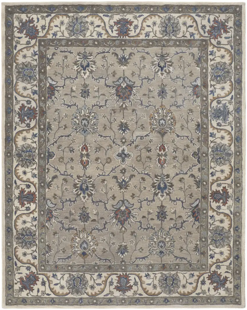 Taupe Ivory And Blue Wool Floral Tufted Handmade Stain Resistant Area Rug Photo 1