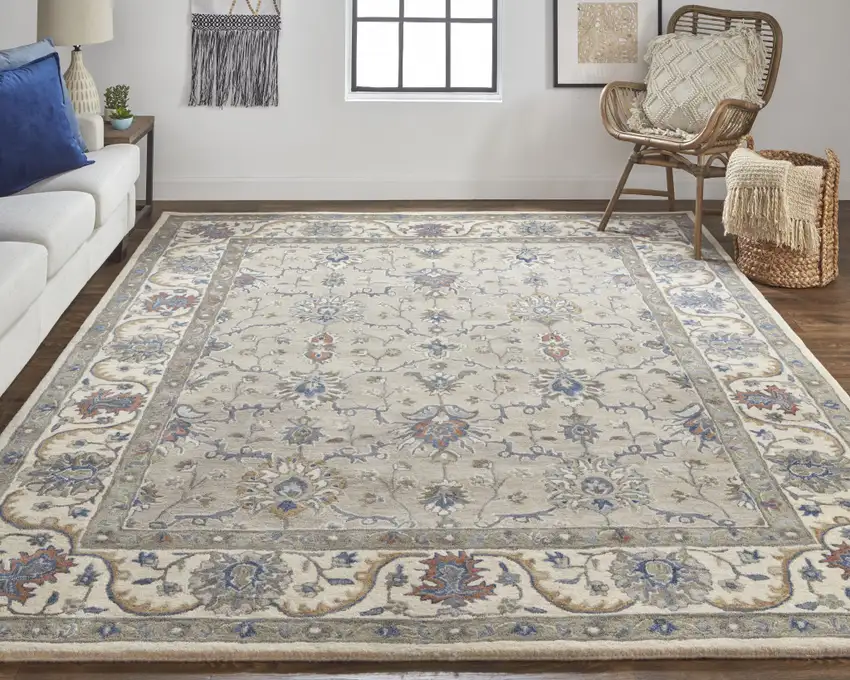 Taupe Ivory And Blue Wool Floral Tufted Handmade Stain Resistant Area Rug Photo 6