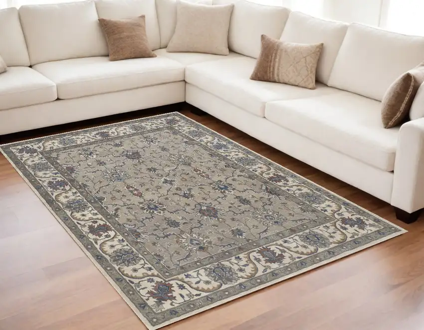 Ivory and Blue Wool Floral Hand Tufted Area Rug Photo 1