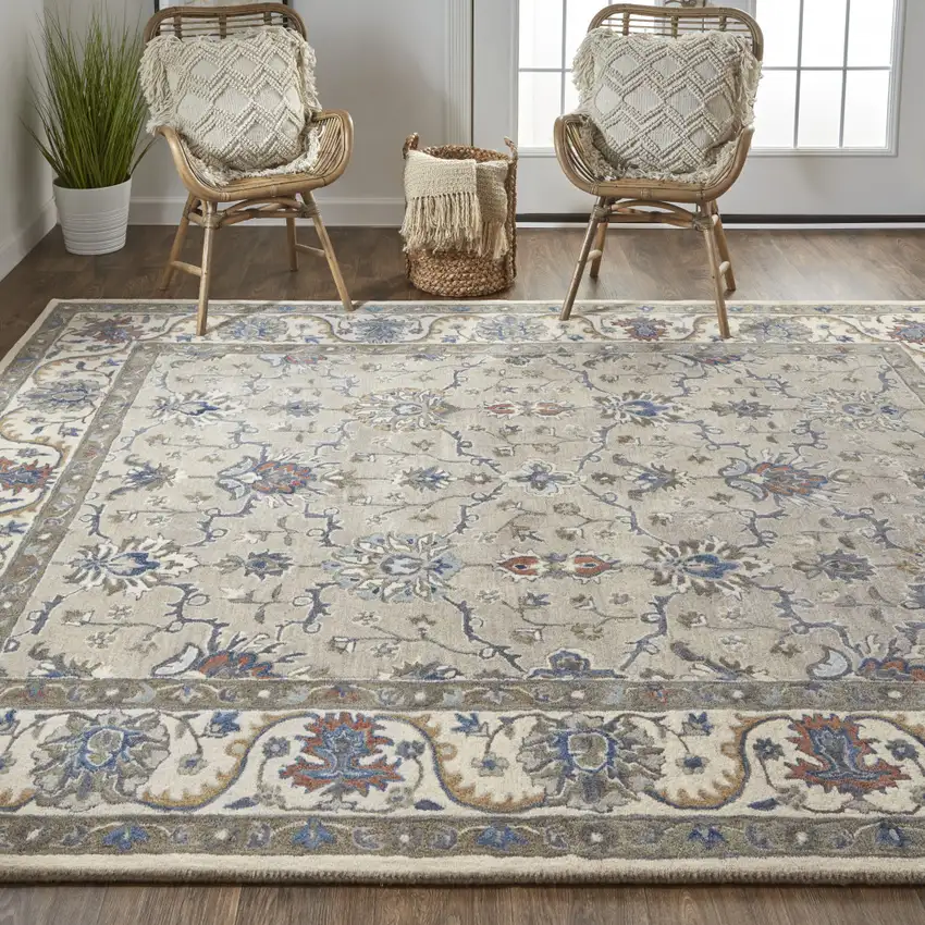 Taupe Ivory And Blue Wool Floral Tufted Handmade Stain Resistant Area Rug Photo 8