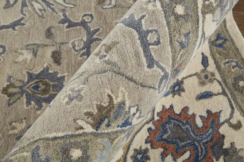 Taupe Ivory And Blue Wool Floral Tufted Handmade Stain Resistant Area Rug Photo 9