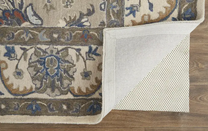 Taupe Ivory And Blue Wool Floral Tufted Handmade Stain Resistant Area Rug Photo 4