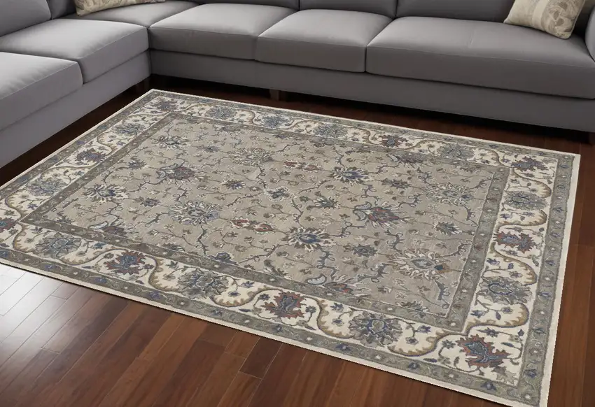 Ivory and Blue Wool Floral Hand Tufted Area Rug Photo 1