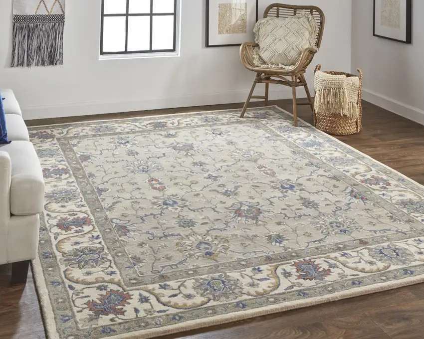 Taupe Ivory And Blue Wool Floral Tufted Handmade Stain Resistant Area Rug Photo 7