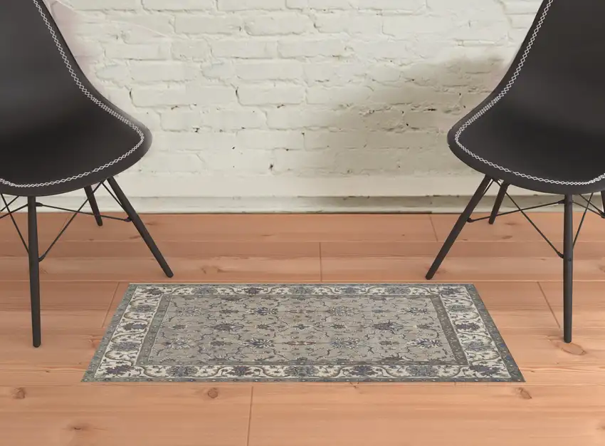 Taupe Ivory And Blue Wool Floral Tufted Handmade Stain Resistant Area Rug Photo 2