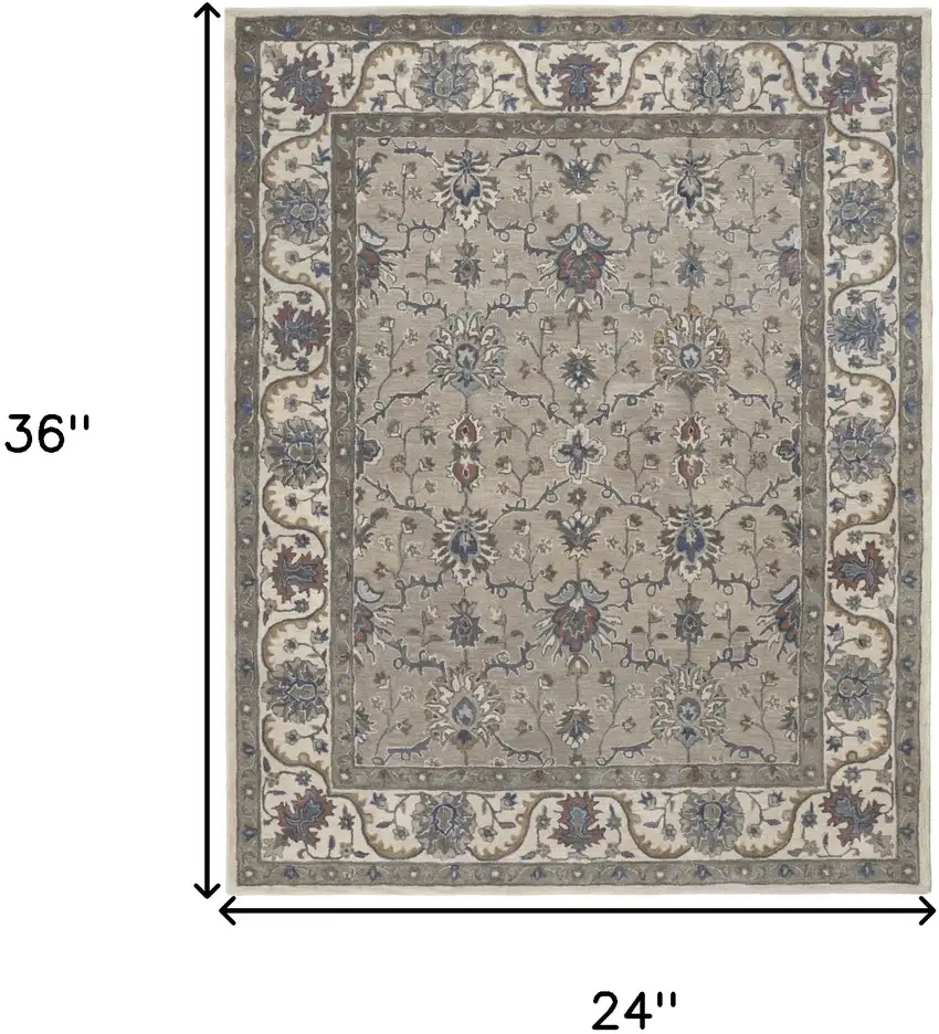 Taupe Ivory And Blue Wool Floral Tufted Handmade Stain Resistant Area Rug Photo 10