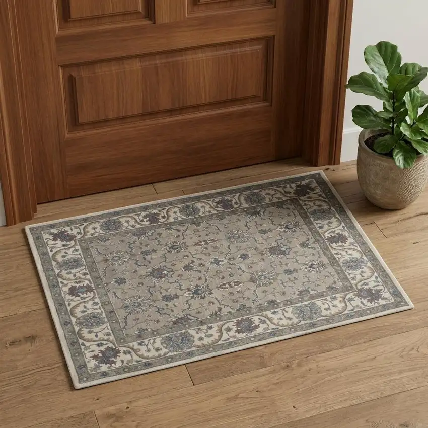Taupe Ivory And Blue Wool Floral Tufted Handmade Stain Resistant Area Rug Photo 1