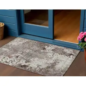 Photo of Taupe Ivory And Brown Damask Washable Indoor Outdoor Area Rug