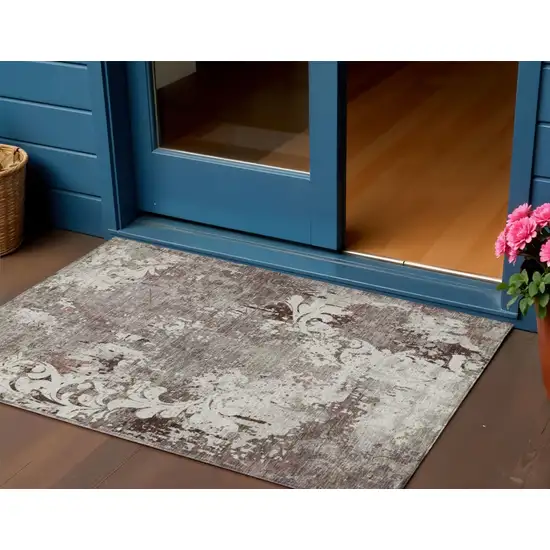 Taupe Ivory And Brown Damask Washable Indoor Outdoor Area Rug Photo 1
