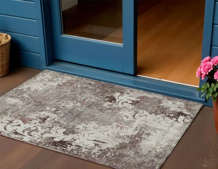 Taupe Ivory And Brown Damask Washable Indoor Outdoor Area Rug Photo 1