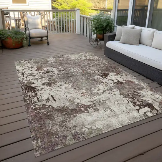 Taupe Ivory And Brown Damask Washable Indoor Outdoor Area Rug Photo 9