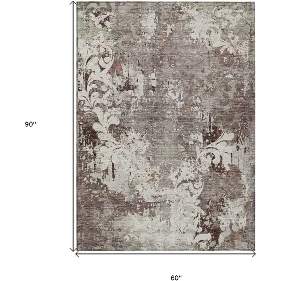Taupe Ivory And Brown Damask Washable Indoor Outdoor Area Rug Photo 3