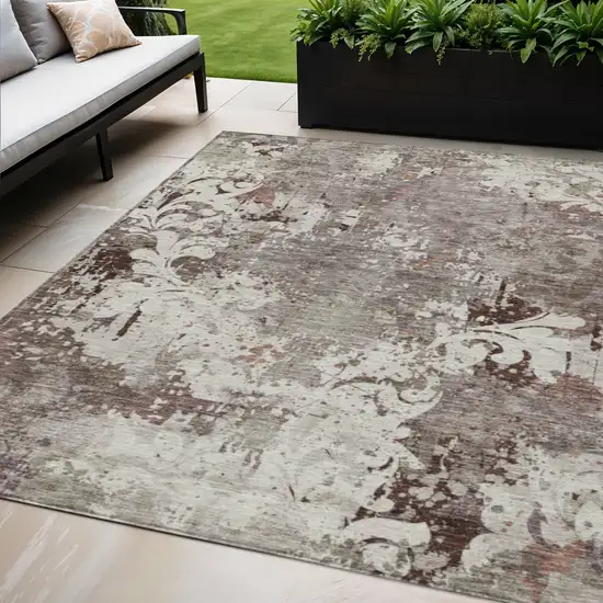 Taupe Ivory And Brown Damask Washable Indoor Outdoor Area Rug Photo 1