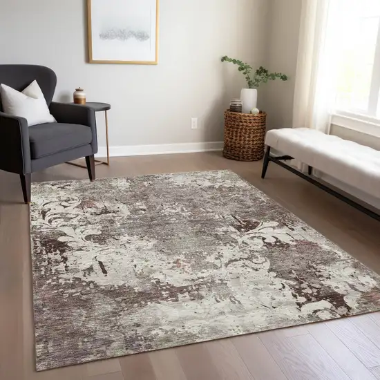 Taupe Ivory And Brown Damask Washable Indoor Outdoor Area Rug Photo 9