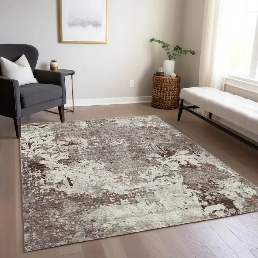Taupe Ivory And Brown Damask Washable Indoor Outdoor Area Rug Photo 9