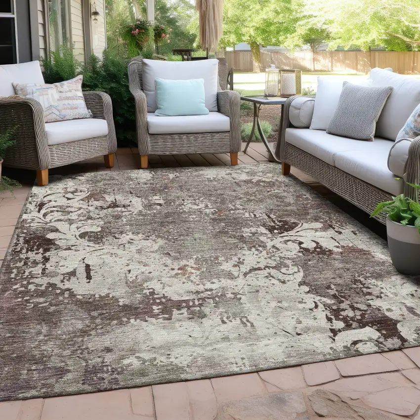 Taupe Ivory And Brown Damask Washable Indoor Outdoor Area Rug Photo 7