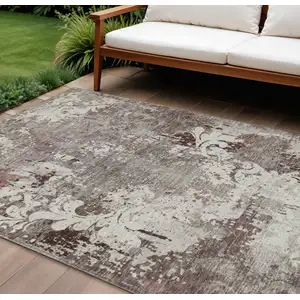 Photo of Taupe Ivory And Brown Damask Washable Indoor Outdoor Area Rug