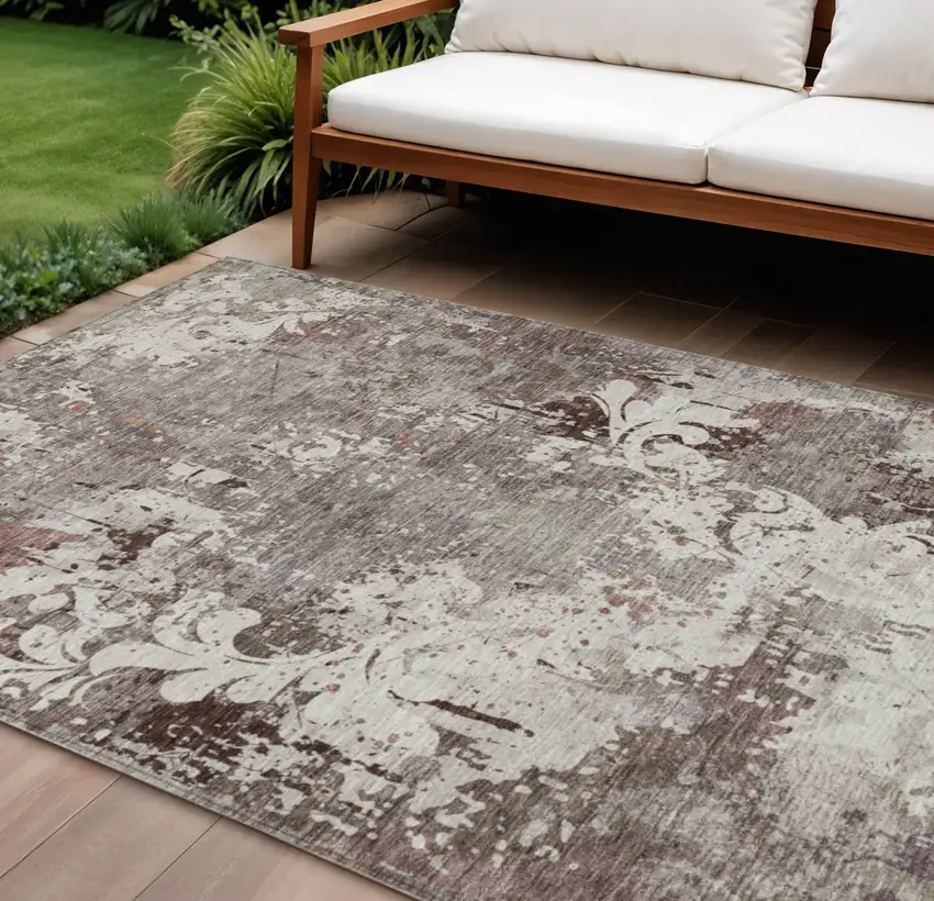 Taupe Ivory And Brown Damask Washable Indoor Outdoor Area Rug Photo 1
