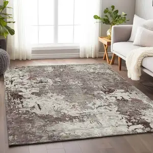 Photo of Taupe Ivory And Brown Damask Washable Indoor Outdoor Area Rug
