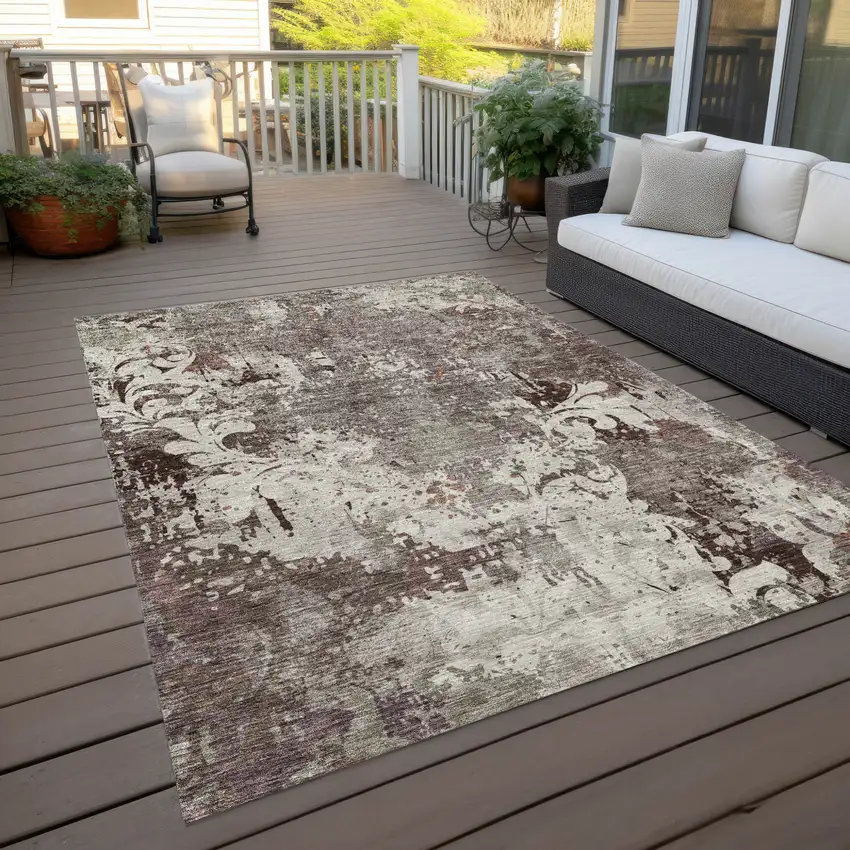 Taupe Ivory And Brown Damask Washable Indoor Outdoor Area Rug Photo 9