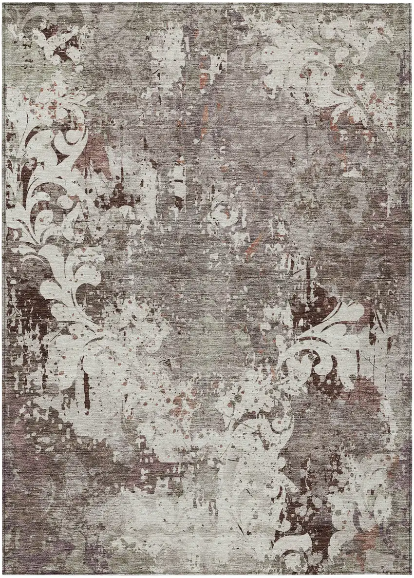 Taupe Ivory And Brown Damask Washable Indoor Outdoor Area Rug Photo 2