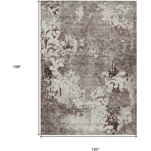 Photo of Taupe Ivory And Brown Damask Washable Indoor Outdoor Area Rug