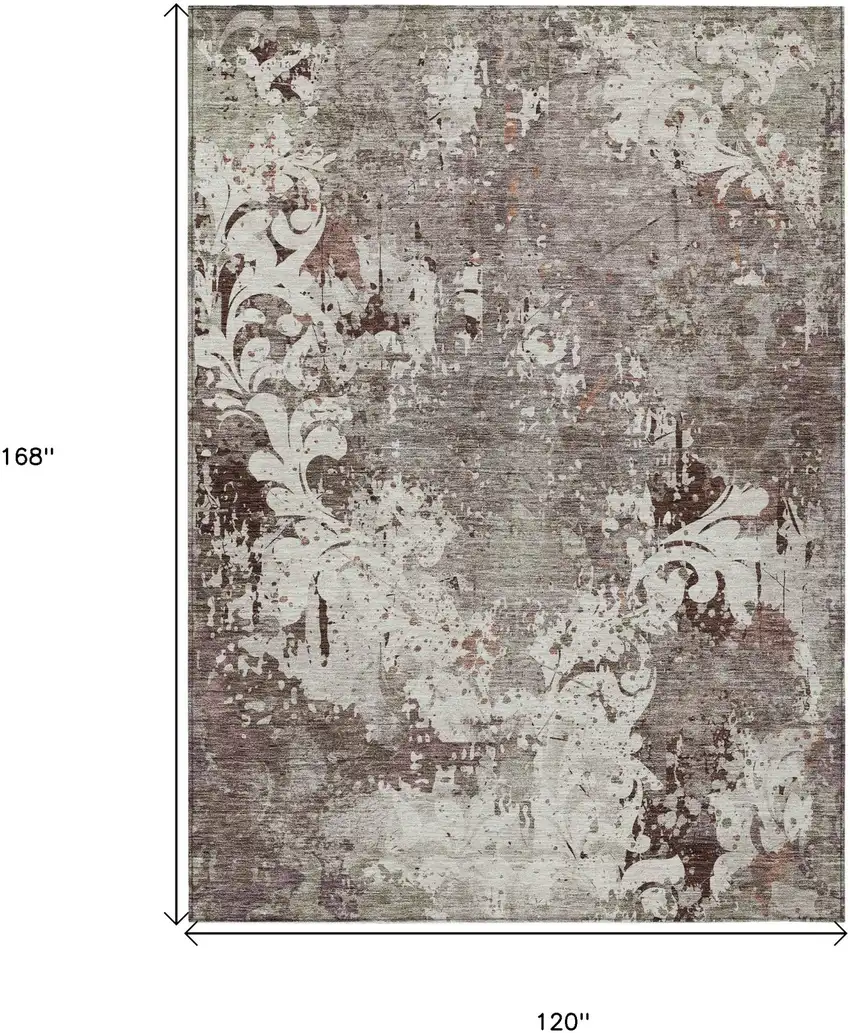 Taupe Ivory And Brown Damask Washable Indoor Outdoor Area Rug Photo 3