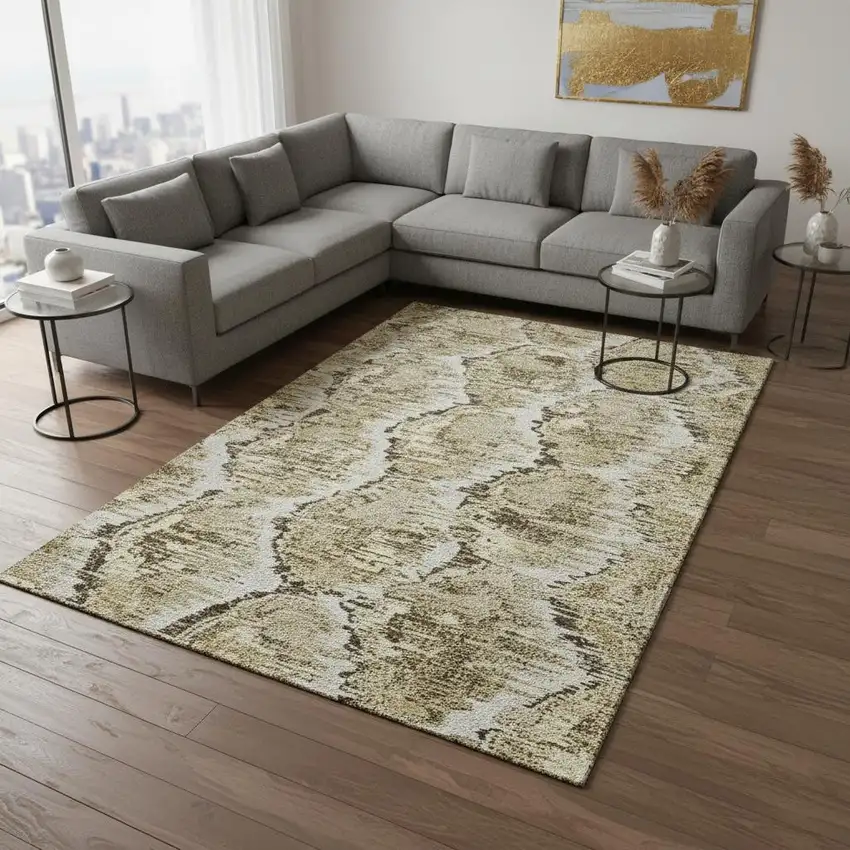Taupe Ivory And Brown Diamond Washable Area Rug With UV Protection Photo 2
