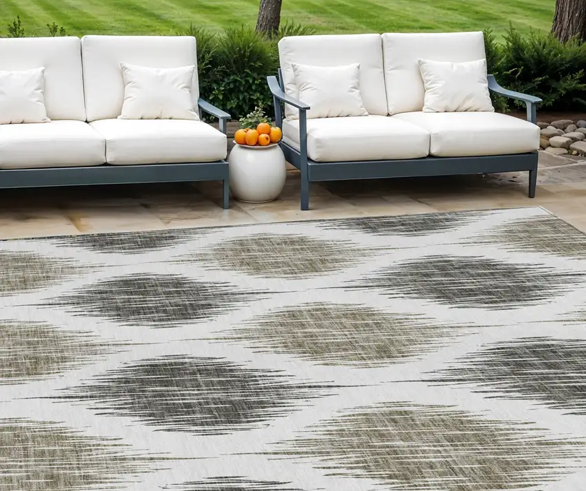 Taupe Ivory And Brown Ikat Washable Indoor Outdoor Area Rug Photo 1