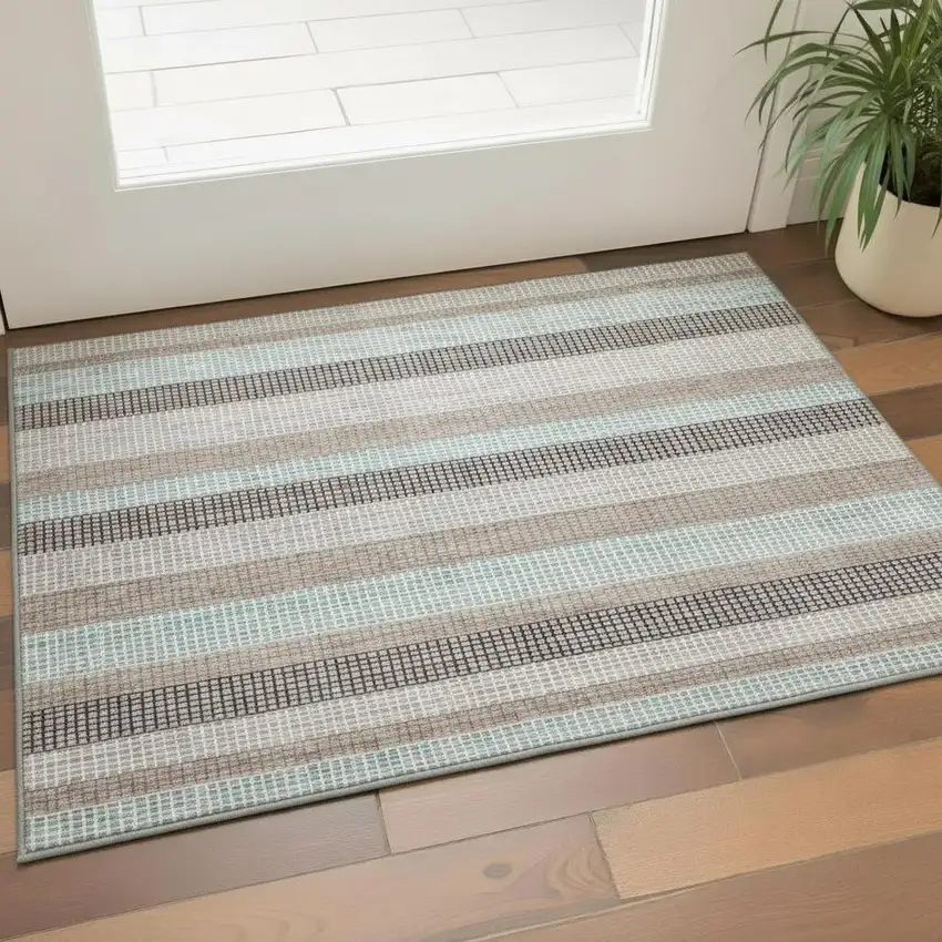 Taupe Ivory And Brown Striped Washable Area Rug With UV Protection Photo 2