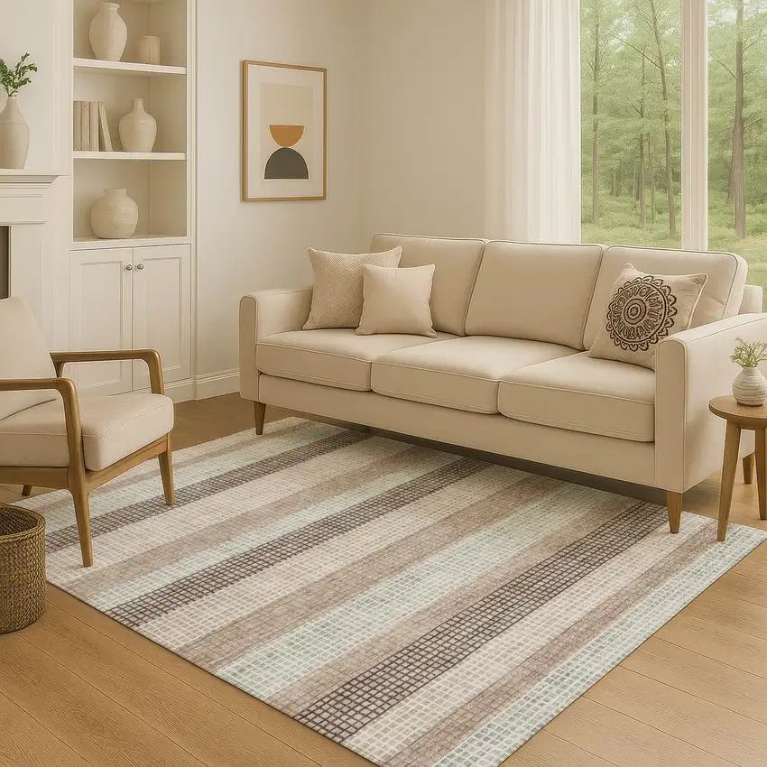Taupe Ivory And Brown Striped Washable Area Rug With UV Protection Photo 4