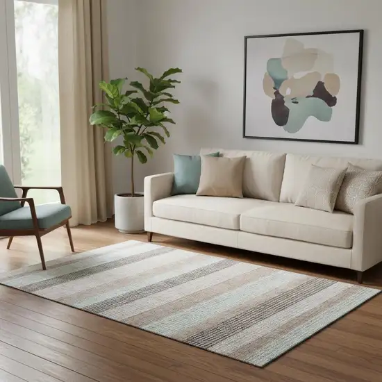 Taupe Ivory And Brown Striped Washable Area Rug With UV Protection Photo 2