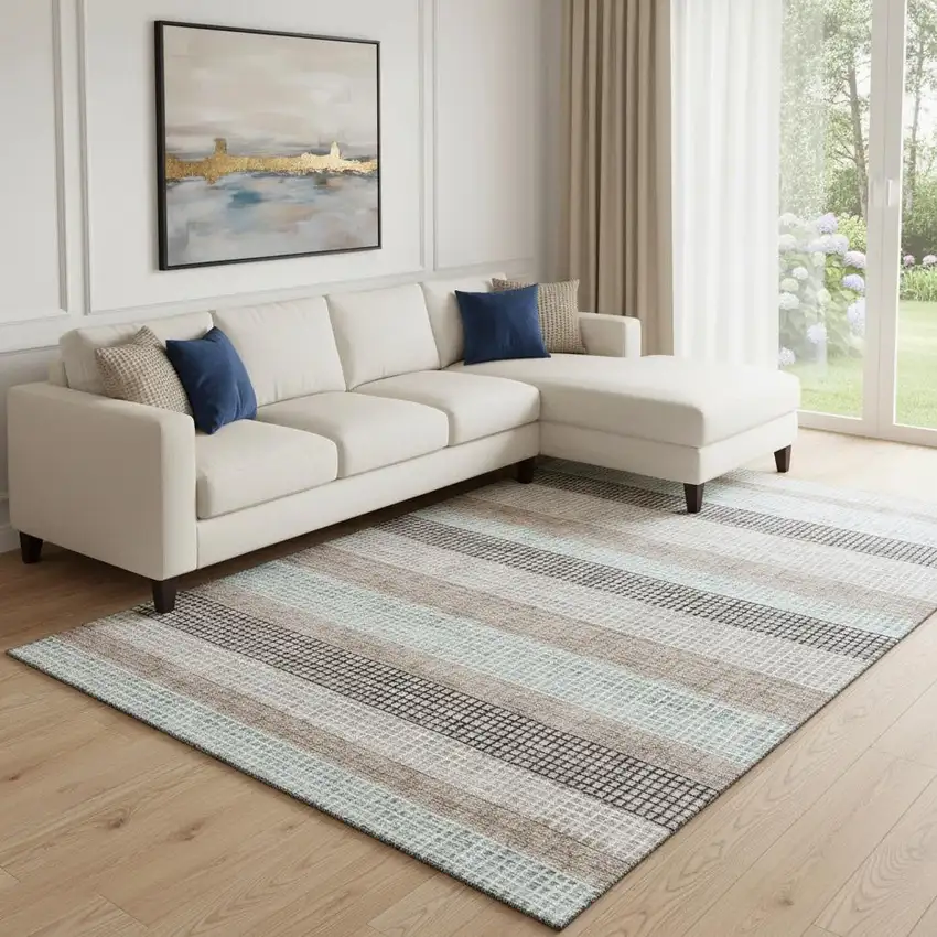 Taupe Ivory And Brown Striped Washable Area Rug With UV Protection Photo 2