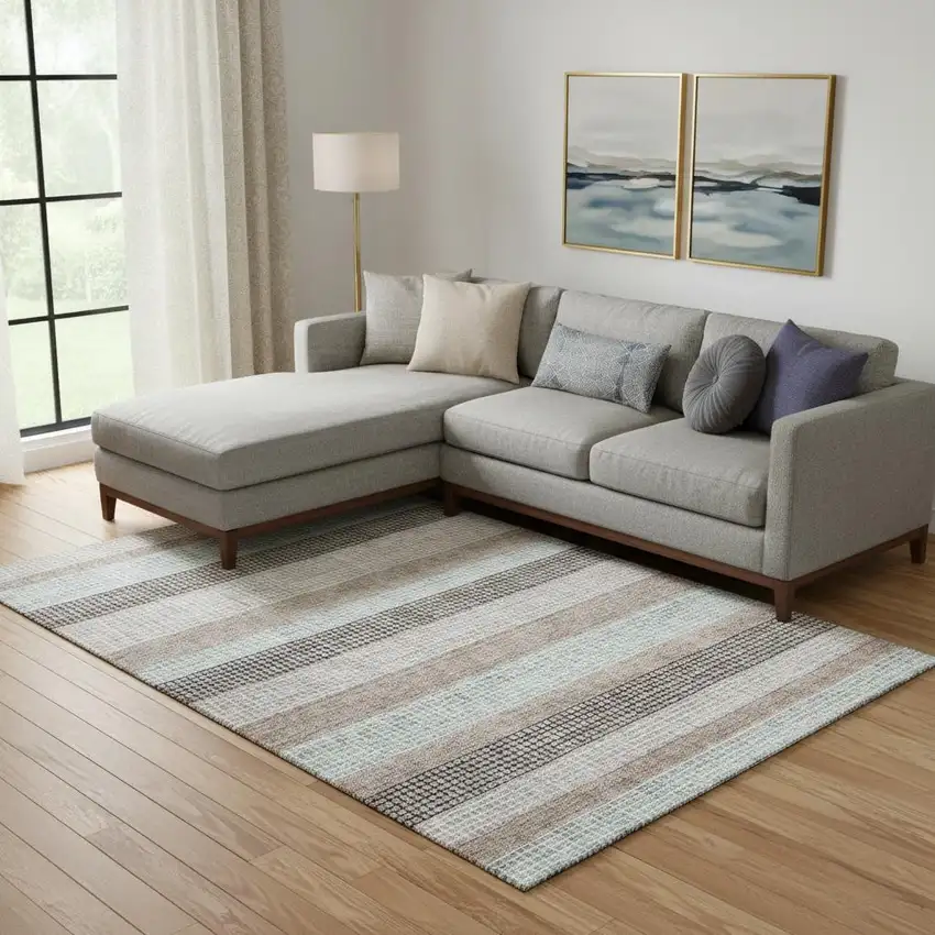 Taupe Ivory And Brown Striped Washable Area Rug With UV Protection Photo 2