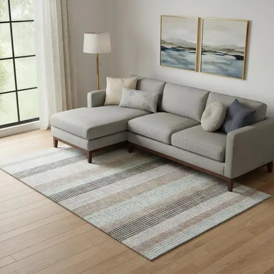 Taupe Ivory And Brown Striped Washable Area Rug With UV Protection Photo 2