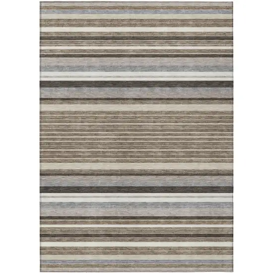 Taupe Ivory And Brown Striped Washable Indoor Outdoor Area Rug Photo 2