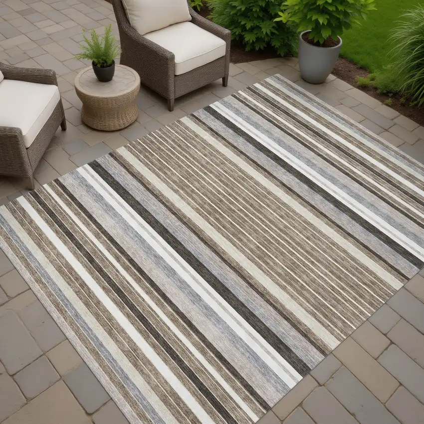 Taupe Ivory And Brown Striped Washable Indoor Outdoor Area Rug Photo 8