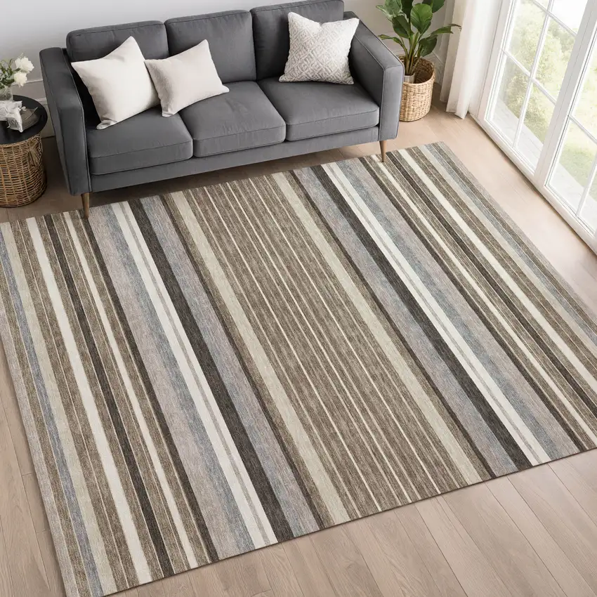 Taupe Ivory And Brown Striped Washable Indoor Outdoor Area Rug Photo 9