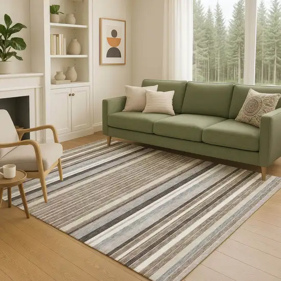 Taupe Ivory And Brown Striped Washable Indoor Outdoor Area Rug Photo 8