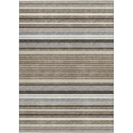 Taupe Ivory And Brown Striped Washable Indoor Outdoor Area Rug Photo 5