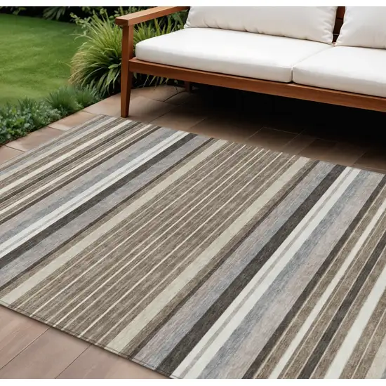Taupe Ivory And Brown Striped Washable Indoor Outdoor Area Rug Photo 1