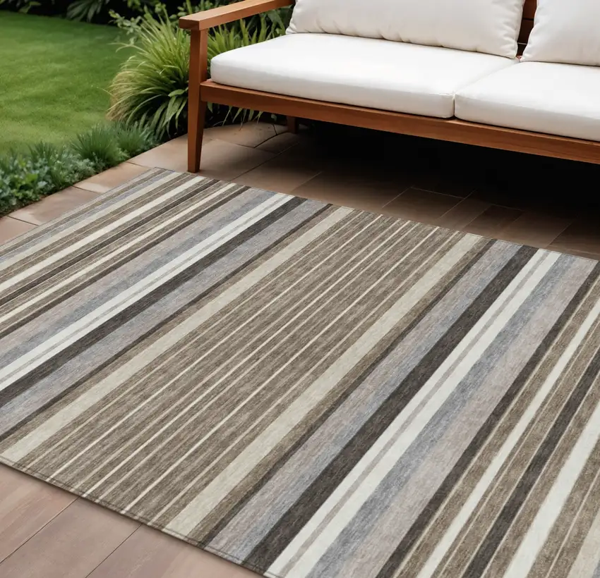 Taupe Ivory And Brown Striped Washable Indoor Outdoor Area Rug Photo 1