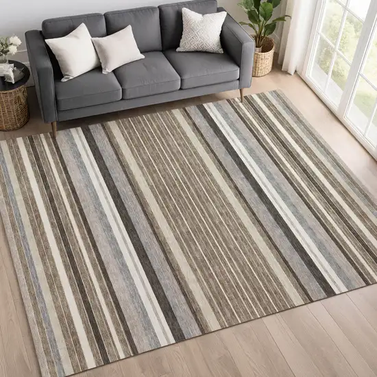 Taupe Ivory And Brown Striped Washable Indoor Outdoor Area Rug Photo 9