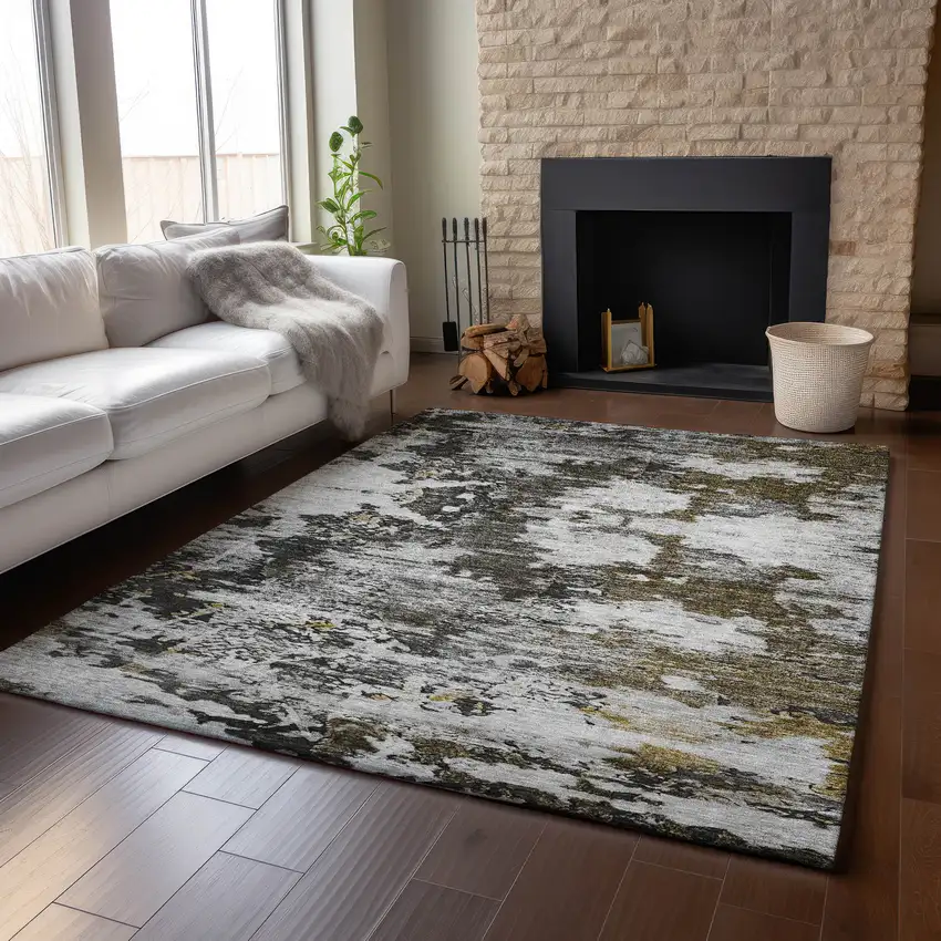 Taupe Ivory And Charcoal Abstract Washable Area Rug With UV Protection Photo 3