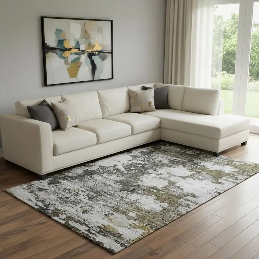 Taupe Ivory And Charcoal Abstract Washable Area Rug With UV Protection Photo 1
