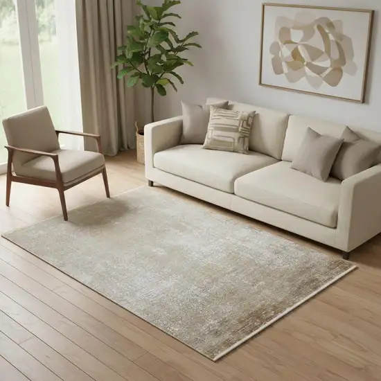 Taupe Ivory And Gold Abstract Area Rug With Fringe Photo 1