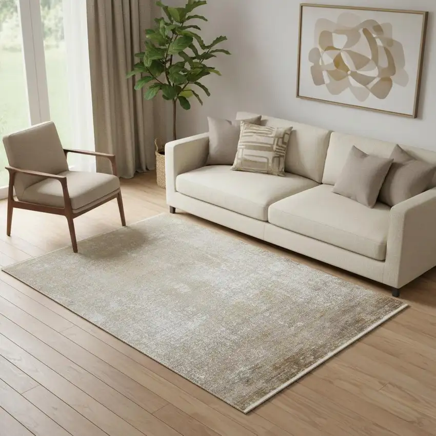 Taupe Ivory And Gold Abstract Area Rug With Fringe Photo 1